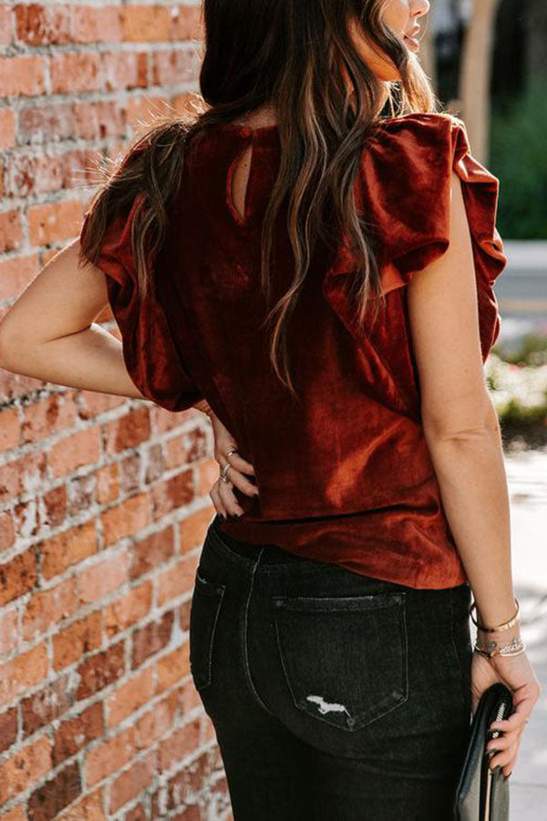 Chic Reveal Ribbed Velvet Ruffle Sleeve Top