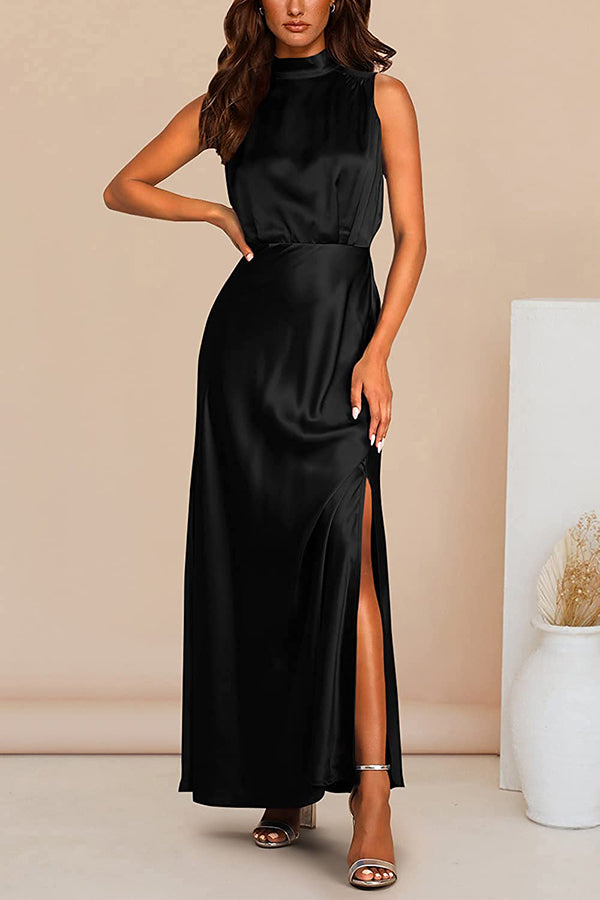 The Story of Us Satin High Neck Slit Maxi Dress