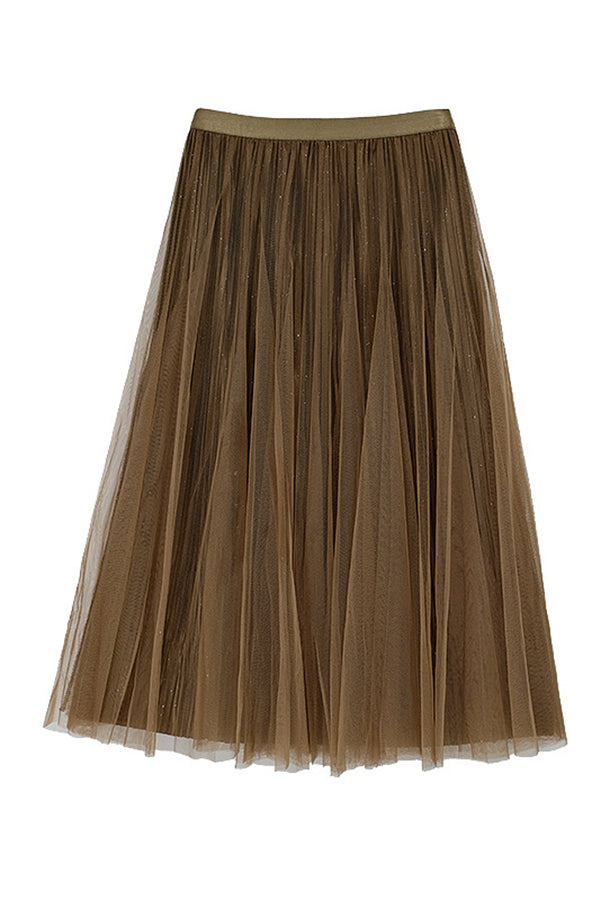 Ravishing Shiny Fabric Mesh Tulle Elastic Waist Midi Skirt