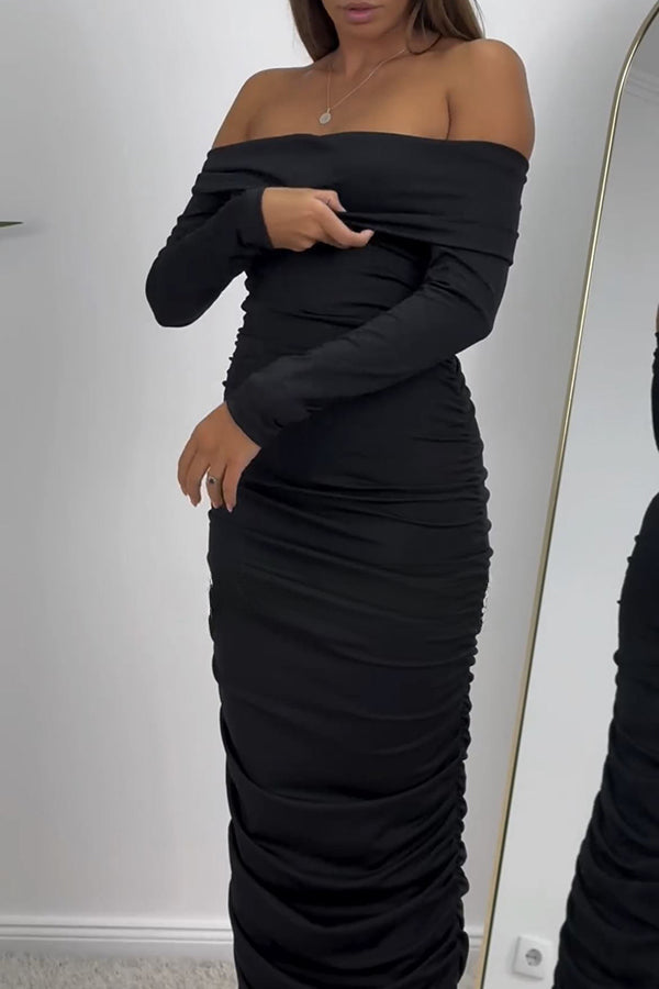 Desirable Beauty Off Shoulder Long Sleeve Ruched Stretch Maxi Dress