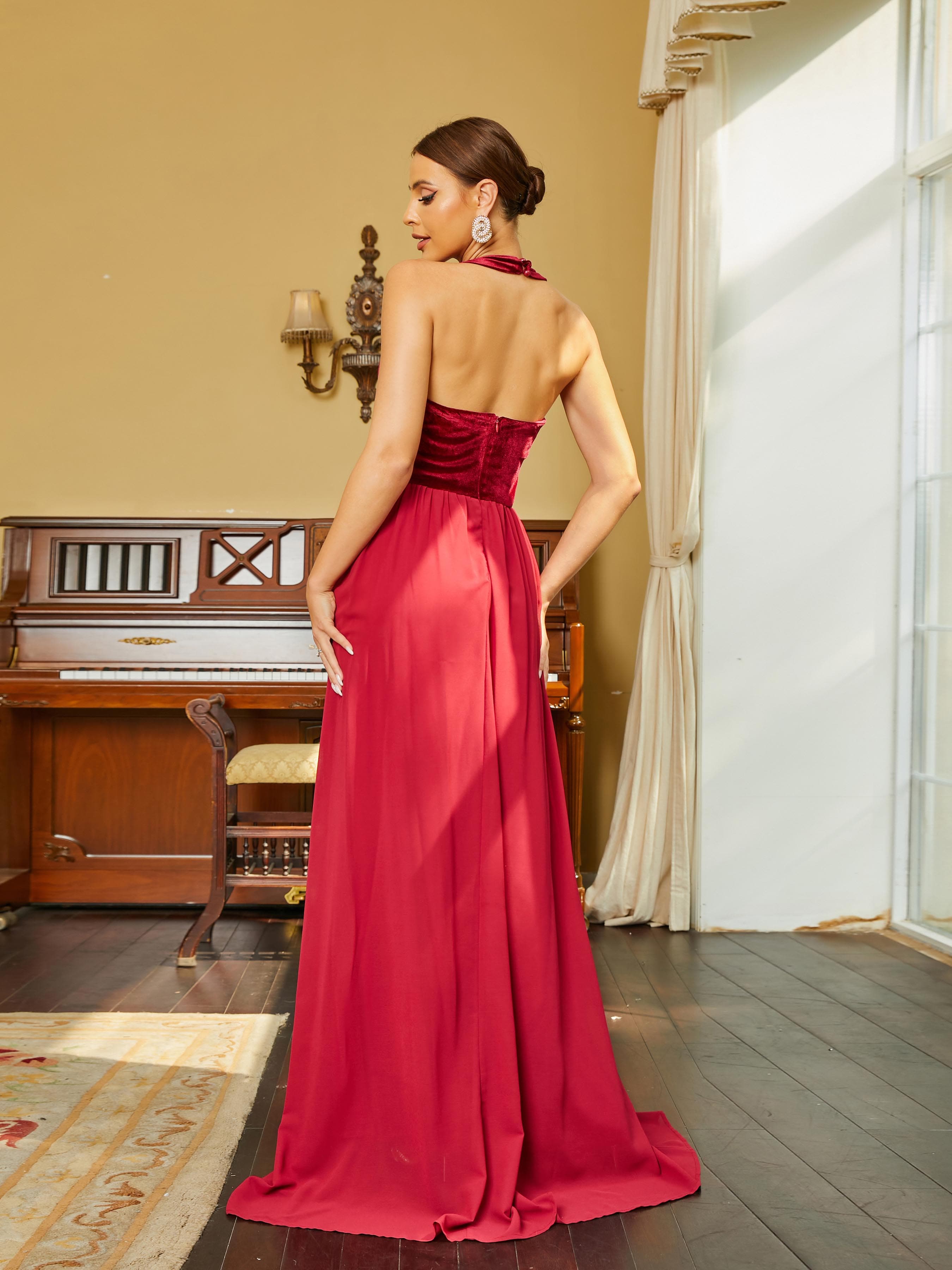 Halter A-Line Panel Chiffon Wine Prom Dress RH30611