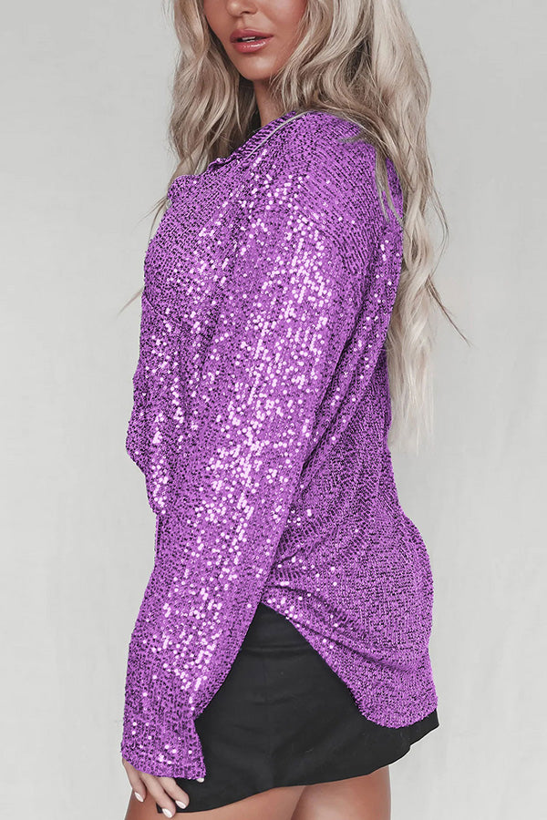 Solid color button-down long-sleeve sequined cardigan