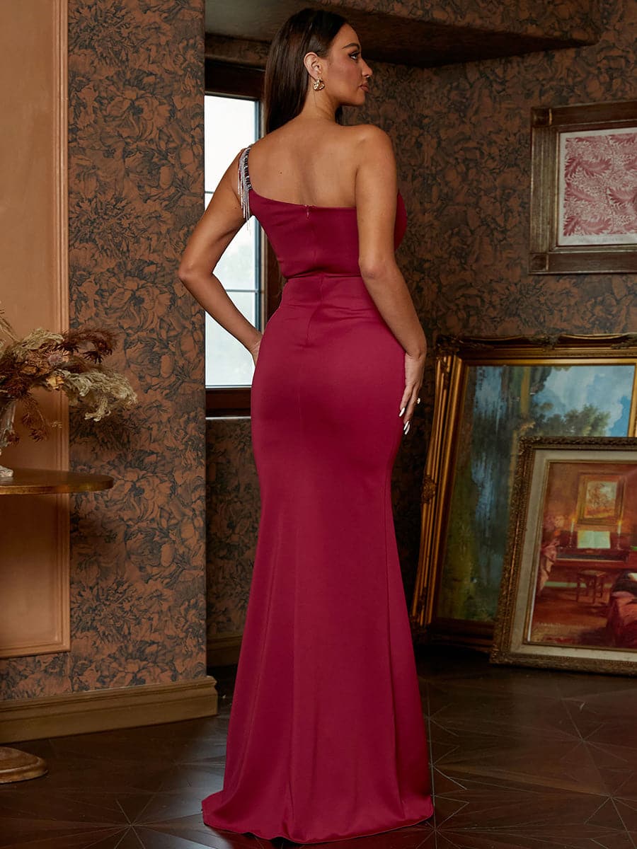 Formal One Shoulder Fringed Floor Length Burgundy Evening Dress XJ2086