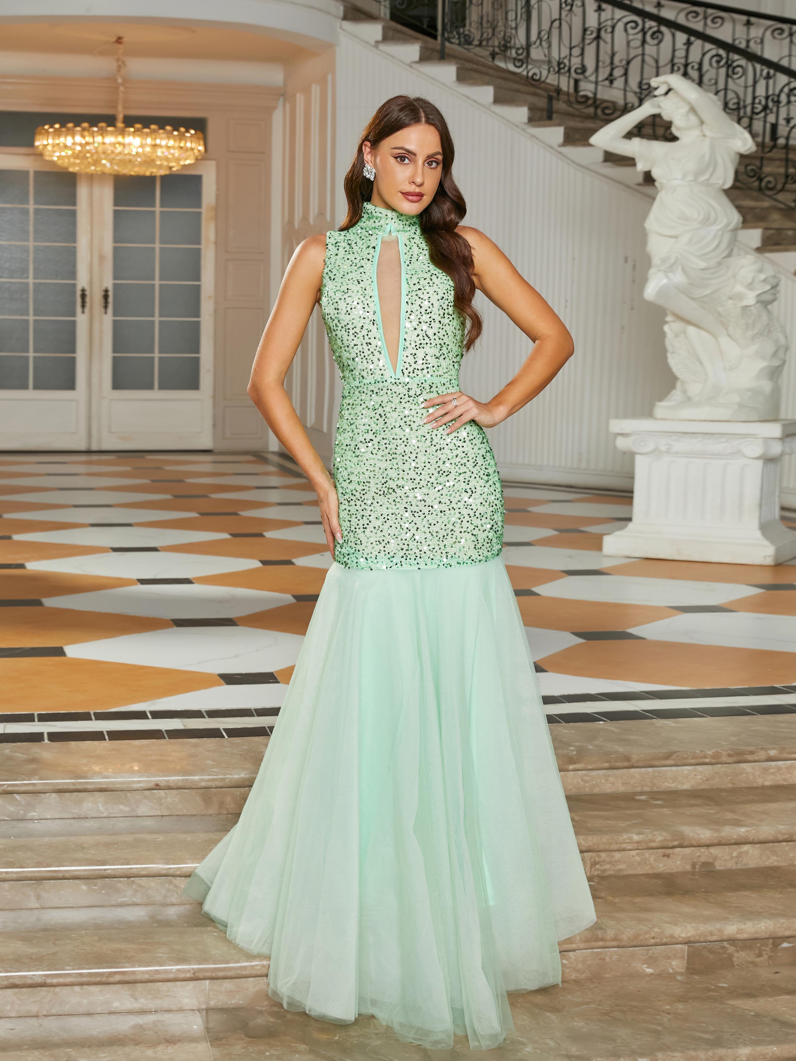 Stand Collar Cut Out Sage Green Mermaid Dress RJ10605