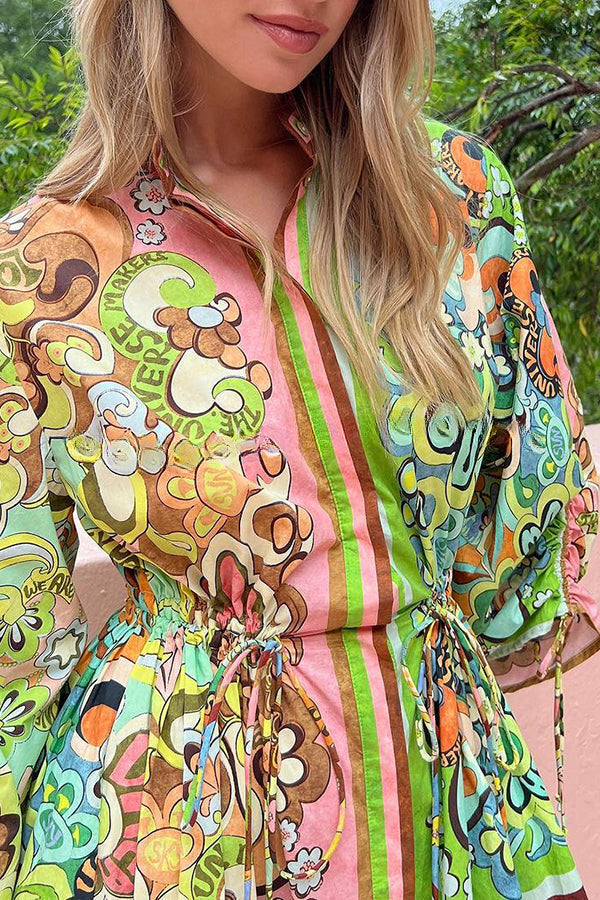 Color Block Unique Print Pocket Button Drawstring Long Sleeve Maxi Dress