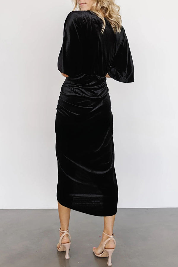 Brendy V Neck Half Sleeve Velvet Pleated Midi Dress