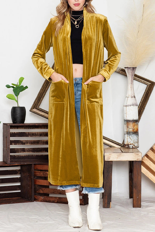 Yellow Velvet Elegant Open Front Pocket Long Cardigan