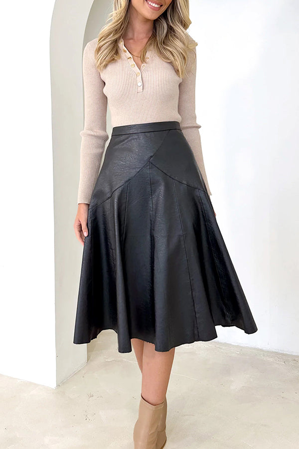 The Karina Faux Leather High Waist Swing Midi  Skirt