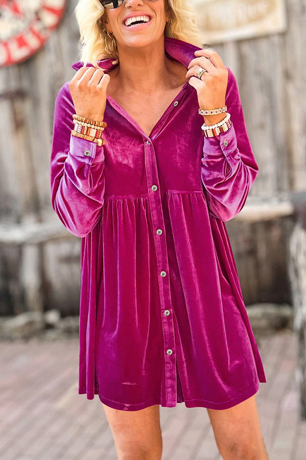 Long Sleeve Ruffle Velvet Button Up Shirt Dress