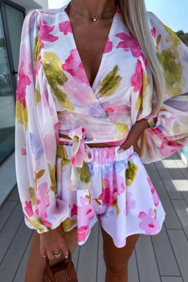 Floral Printed Balloon Sleeve V Neck Shirt Elastic Waist Straight Leg Shorts Set