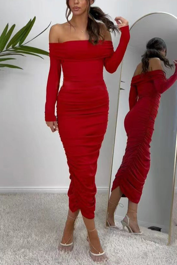 Desirable Beauty Off Shoulder Long Sleeve Ruched Stretch Maxi Dress