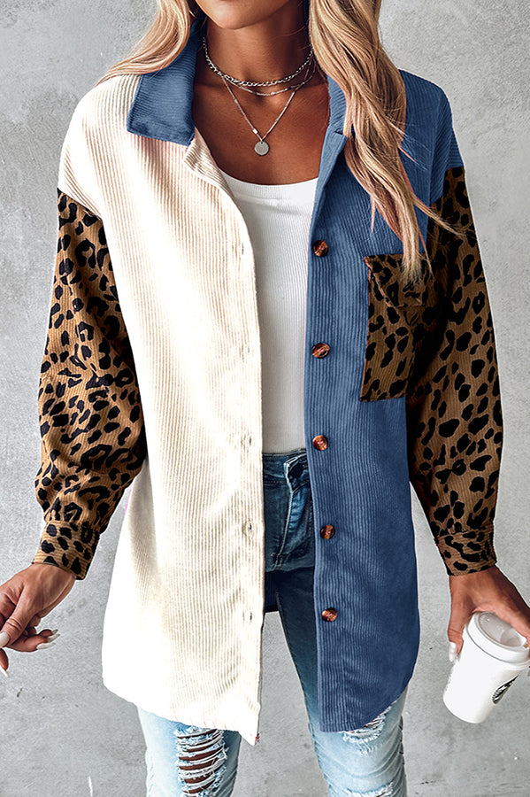 Colorblock Leopard Print Corduroy Long Sleeved Button Down Coat