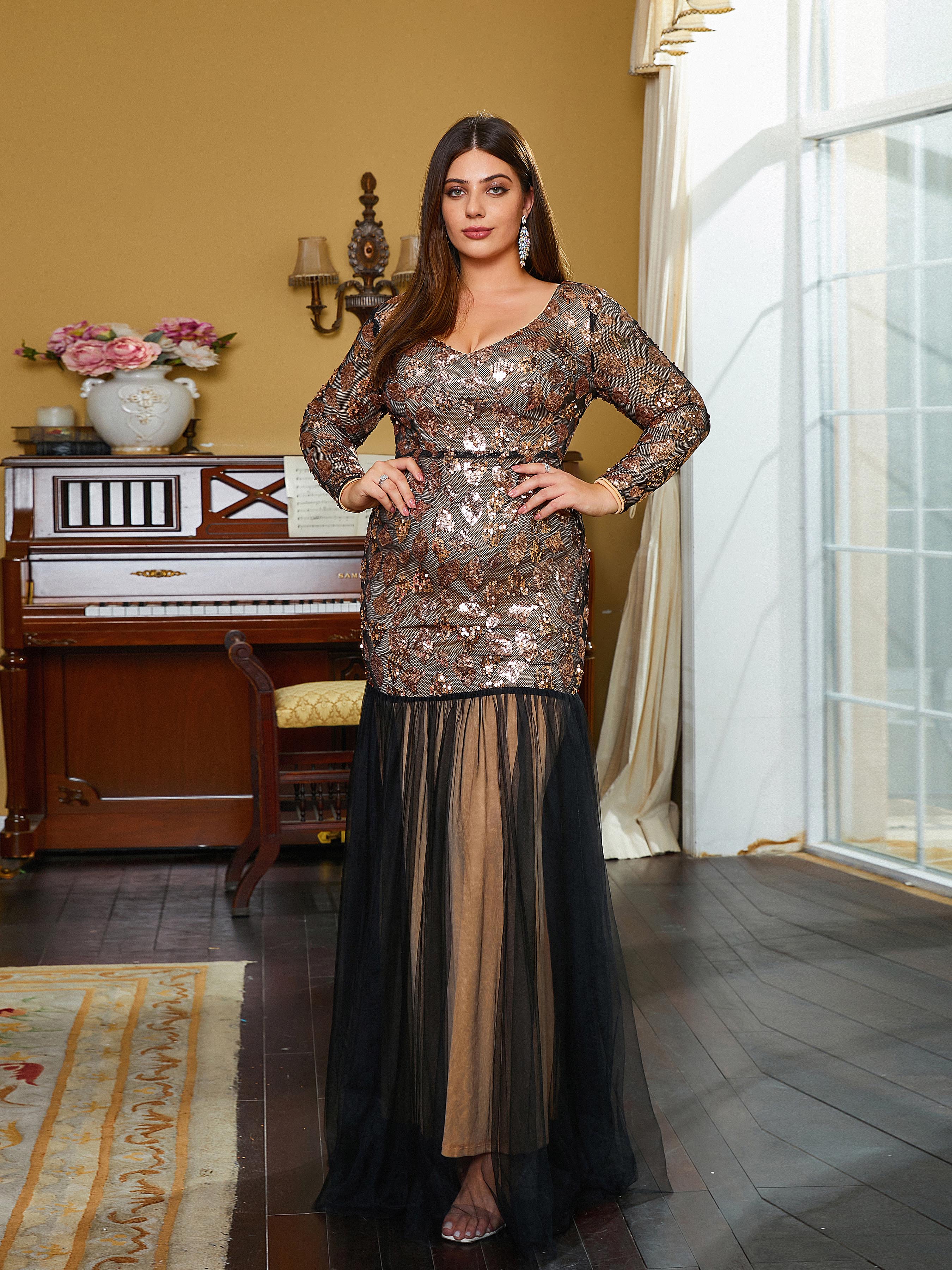 Plus Size V-Neck A-line Panel Long Sleeve Evening Dress PXJ2066