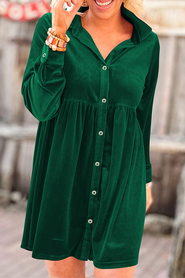 Long Sleeve Ruffle Velvet Button Up Shirt Dress