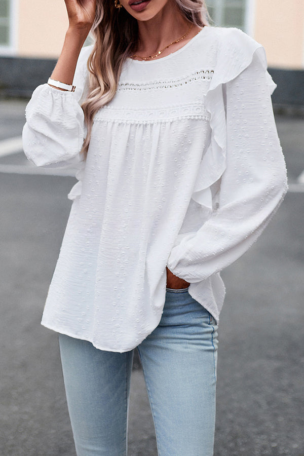 Textured Lace Fabric Ruffle Long Sleeve Blouse