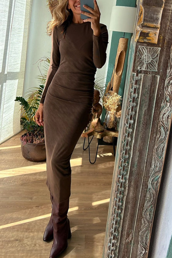 Got Me Smiling Cotton Blend Ruched Long Sleeve Stretch Midi Dress