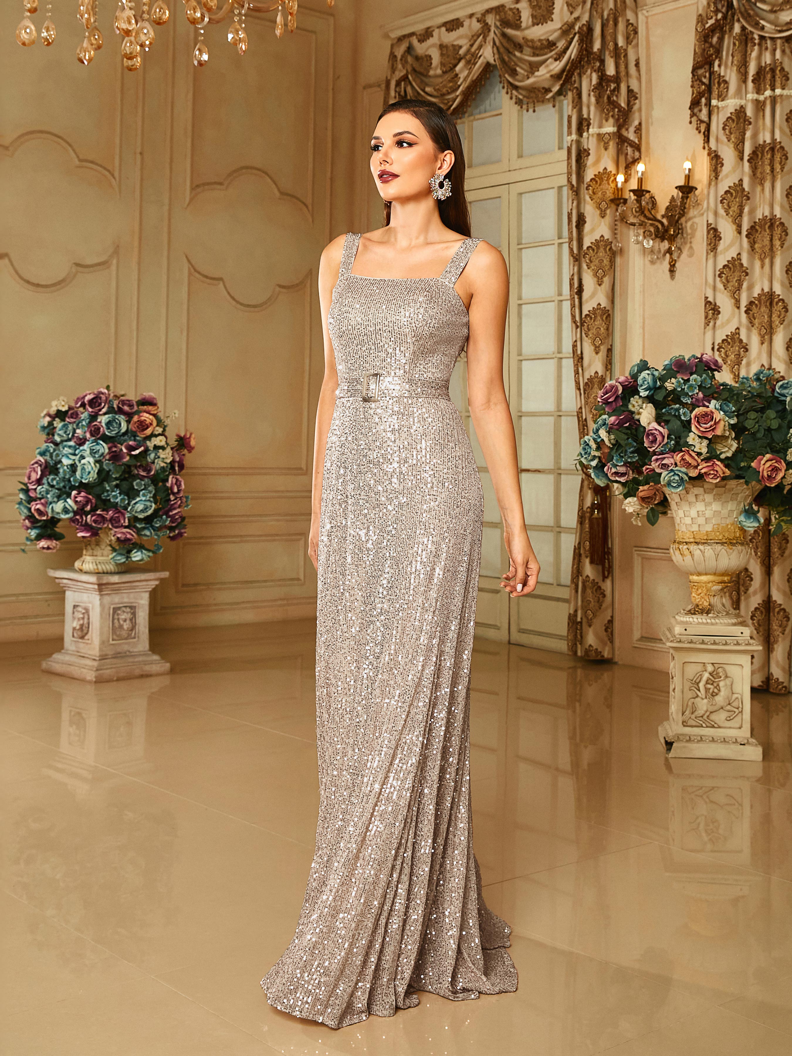 Cold Shoulder Belt A-line Sequin Apricot Prom Dress RM20669