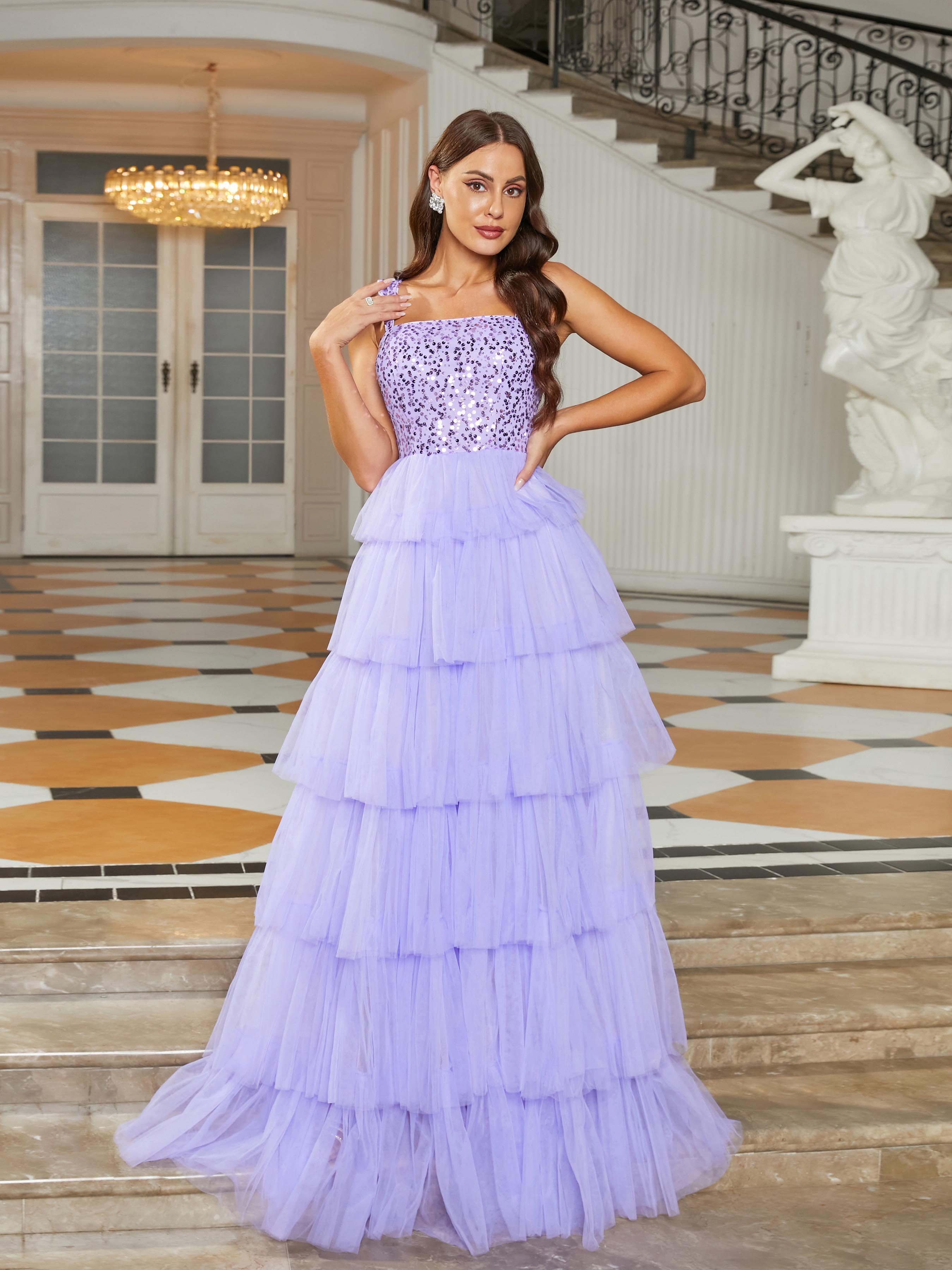 Formal Square Neck A-Line Mesh Purple Ball Gown RJ10686