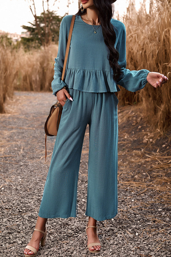 Temperament casual suit solid color long-sleeved top loose trousers