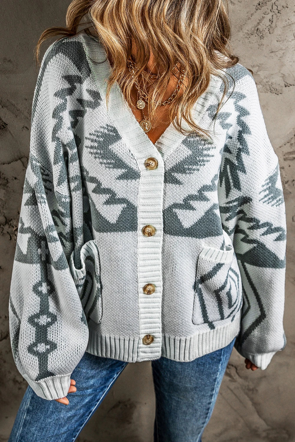 Light Grey Geometric Pattern Ribbed Trim Button Up Cardigan