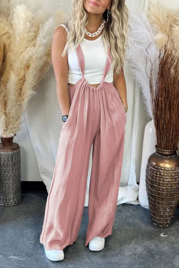 Find Your Natural Linen Blend Pocketed Tie Wide Leg Overalls