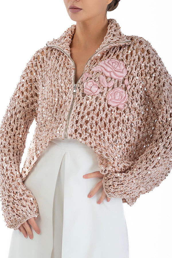 Festive Flicker Knit Sequin Rose Embroidery Pattern Hollow Out Zipper Cardigan