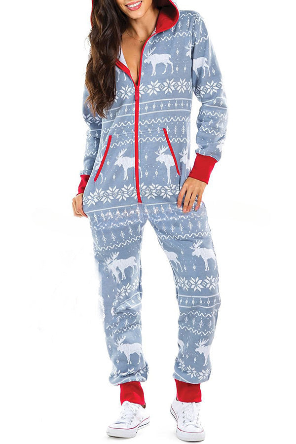 Christmas Print Zipper Pocketed Hooded Loungewear Jumpsuit