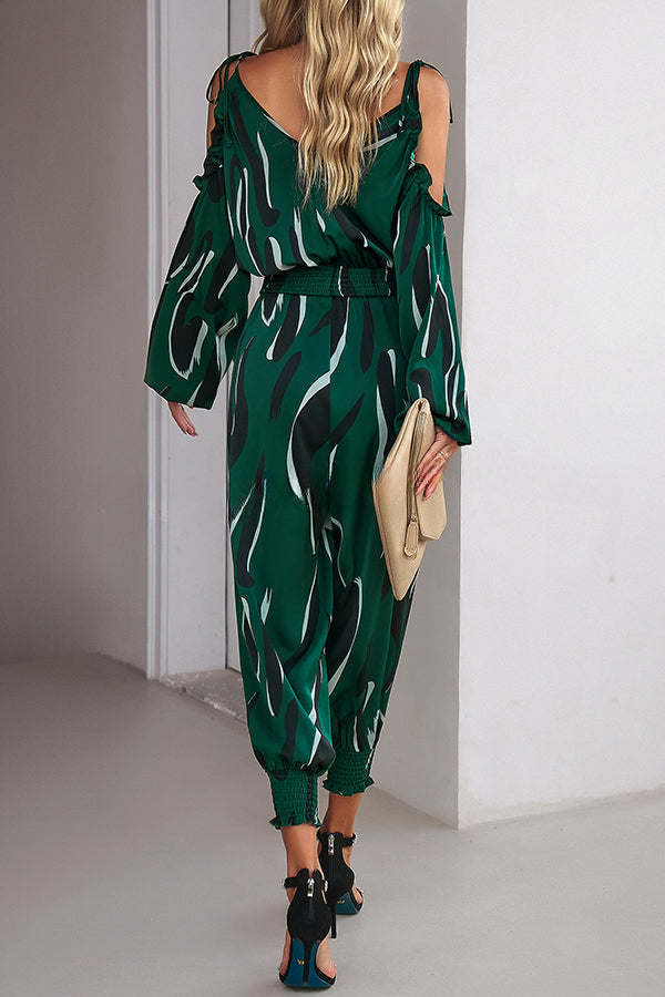 Graphic Print Stretch Waist Tie Long Sleeve Jumpsuit