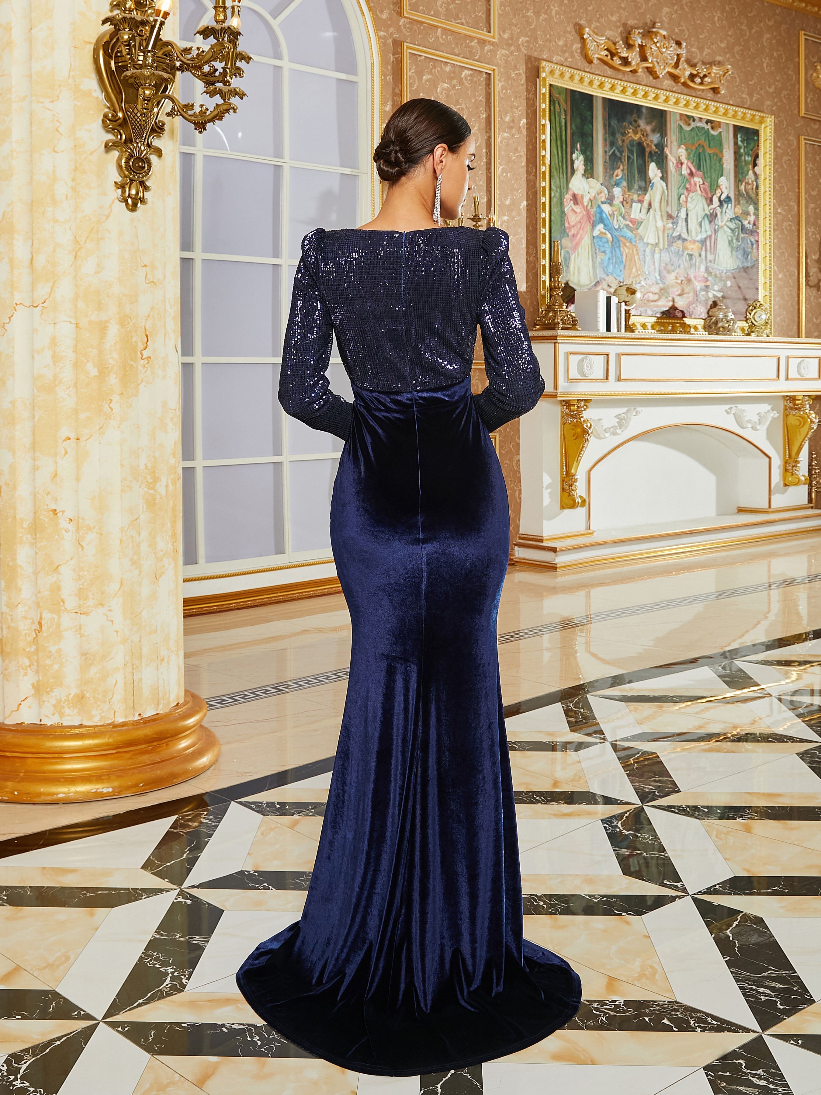 Mermaid Long Sleeve Panel Velvet Blue Evening Dress M02318