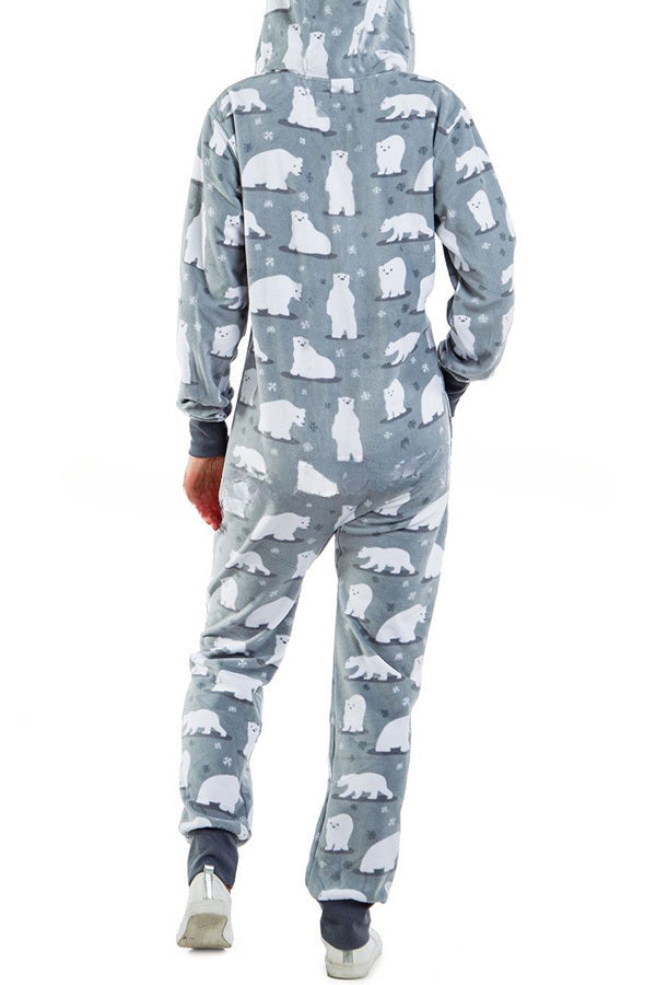 Christmas Print Zipper Pocketed Hooded Loungewear Jumpsuit