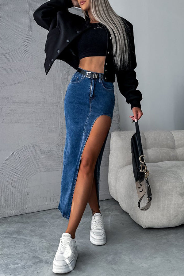 Updated Style Denim High Waisted Slit Irregular Midi Skirt