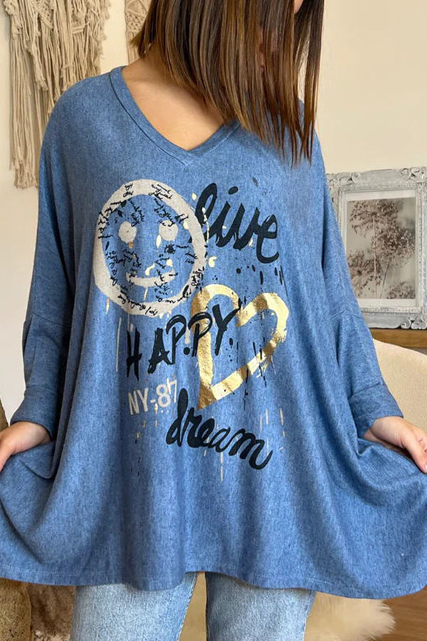 Live Happy Dream Printed Dolman Sleeve Loose Sweatshirt