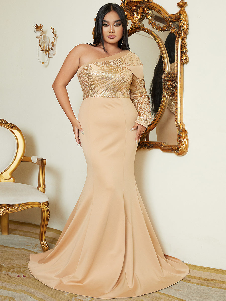 Formal One Shoulder Sequin Apricot Evening Dress XJ1548