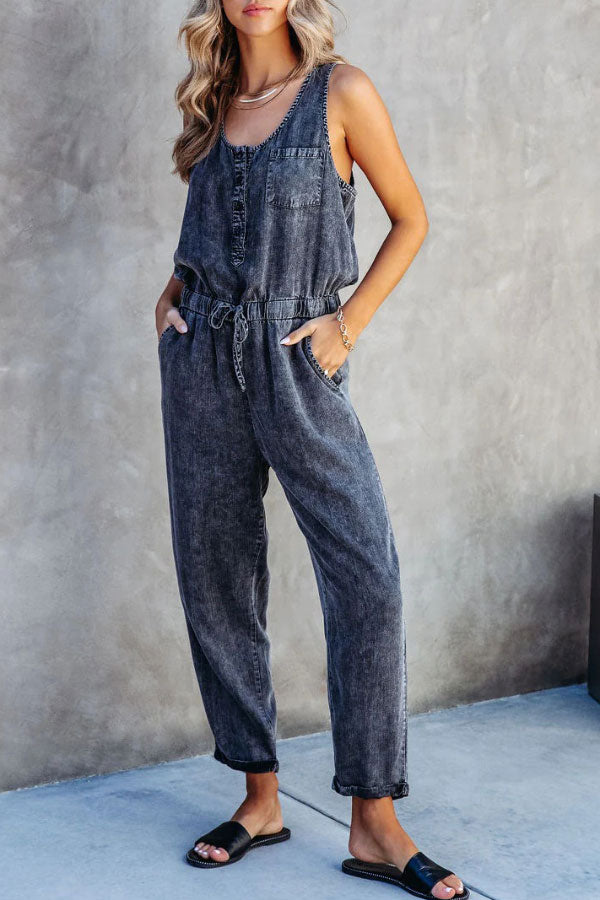 Casual Washed Waist Belt Denim Jumpsuit