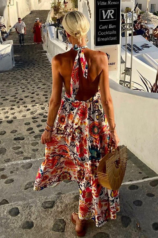 Let's Get Tropical Deep V Neck Halter Vacation Dress