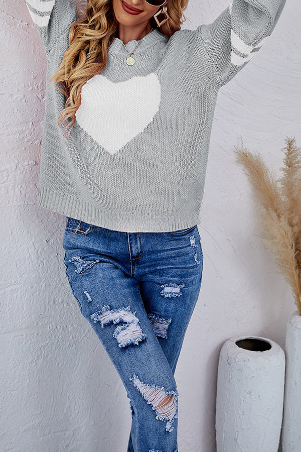 Contrast Color Round Neck Pullover Love Heart Knitted Long Sleeved Sweater