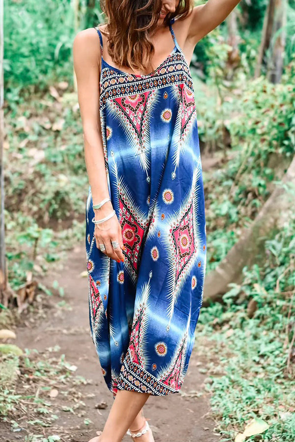 Free Spirit Boho Ethnic Print Loose Dungaree Jumpsuit