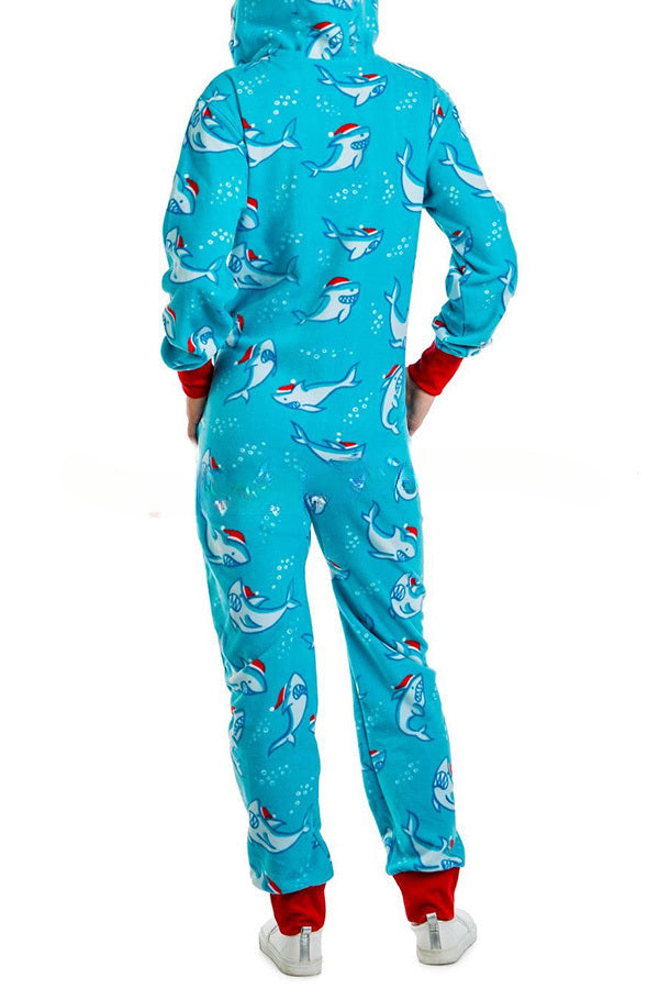 Christmas Print Zipper Pocketed Hooded Loungewear Jumpsuit