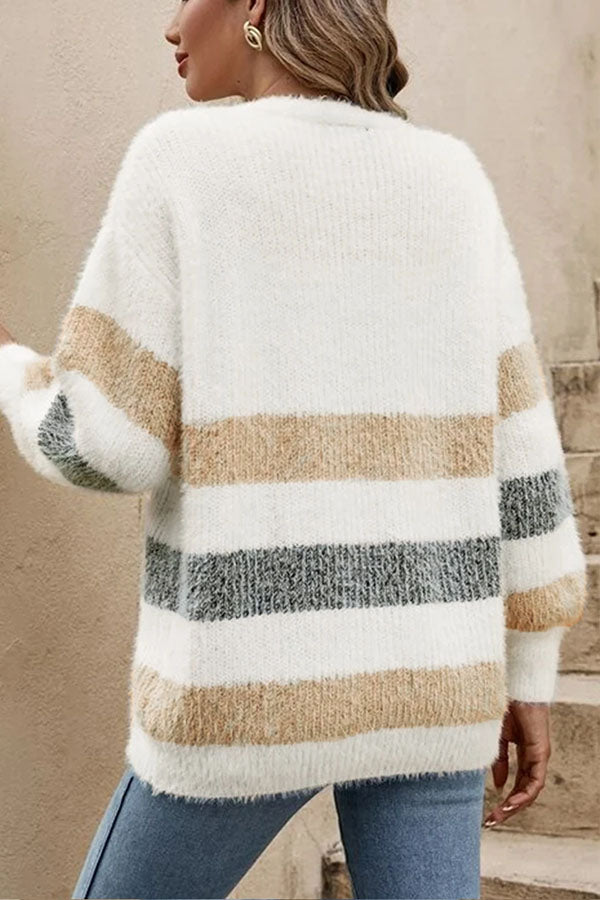 Multicolor Striped Button Front Fuzzy Cardigan