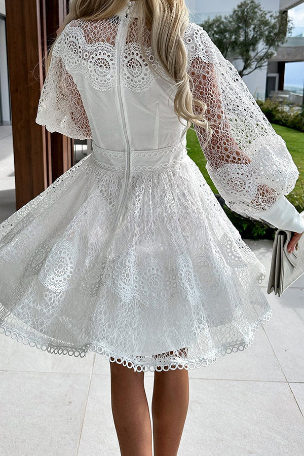 Peak Party Vibes Crochet Lace Lantern Sleeve Formal Mini Dress