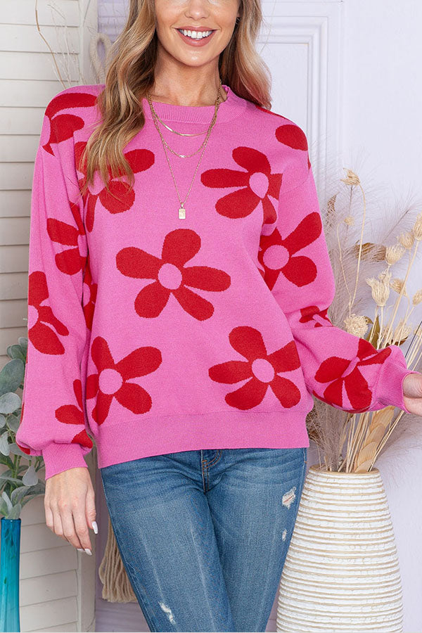 Floral Print Knitted Long Sleeve Pullover Sweater