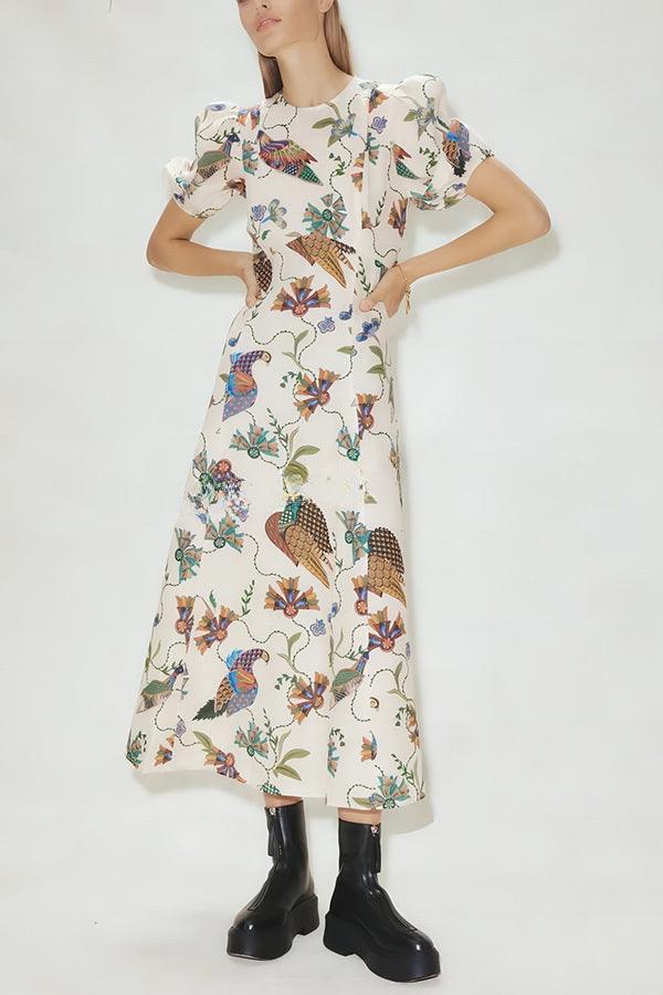 Level Up Floral Heaven Bird Print Puff Sleeve Midi Dress