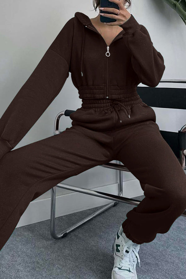 Hooded Zip Up Waist Sweatshirt and Elastic Waist Lace Up Pants Set