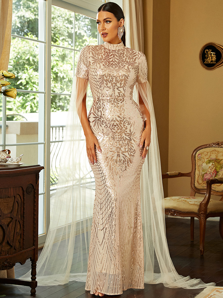 Drape Sleeve Mermaid Sequin Gold Prom Dress XH2241