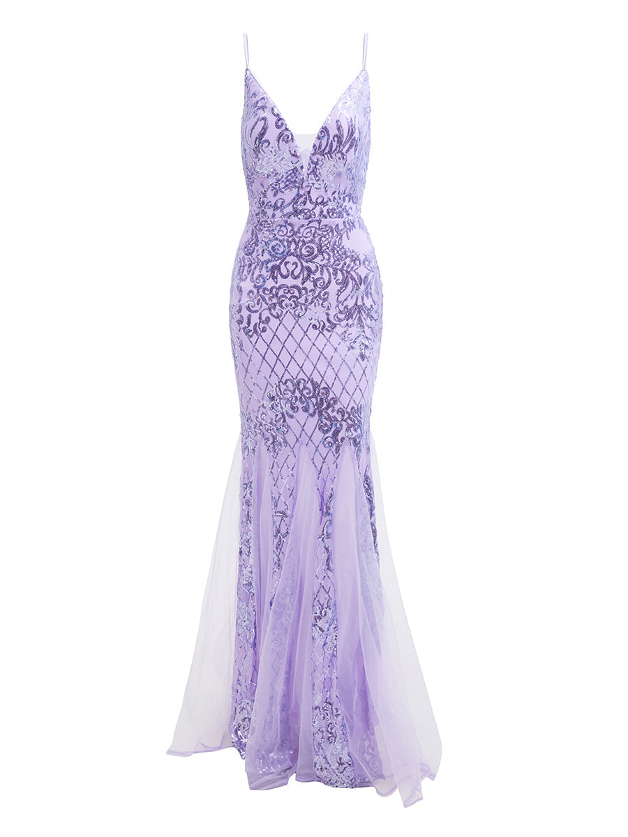 Formal Spaghetti Strap V-Neck Purple Sequin Mermaid Dress RJ10544