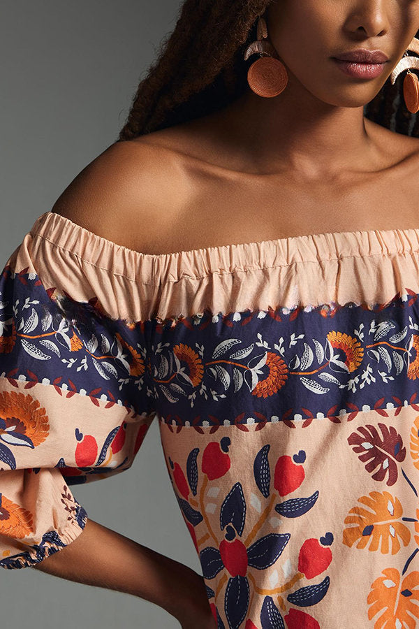 Island Lover Printed Off The Shoulder Pocketed Flowy Midi Dress