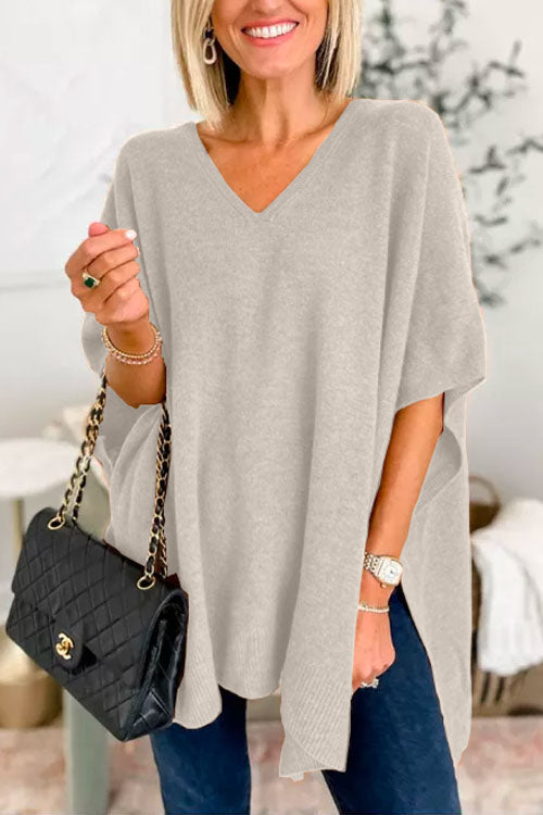 Chicest V Neck Loose Fit Solid Poncho Sweater