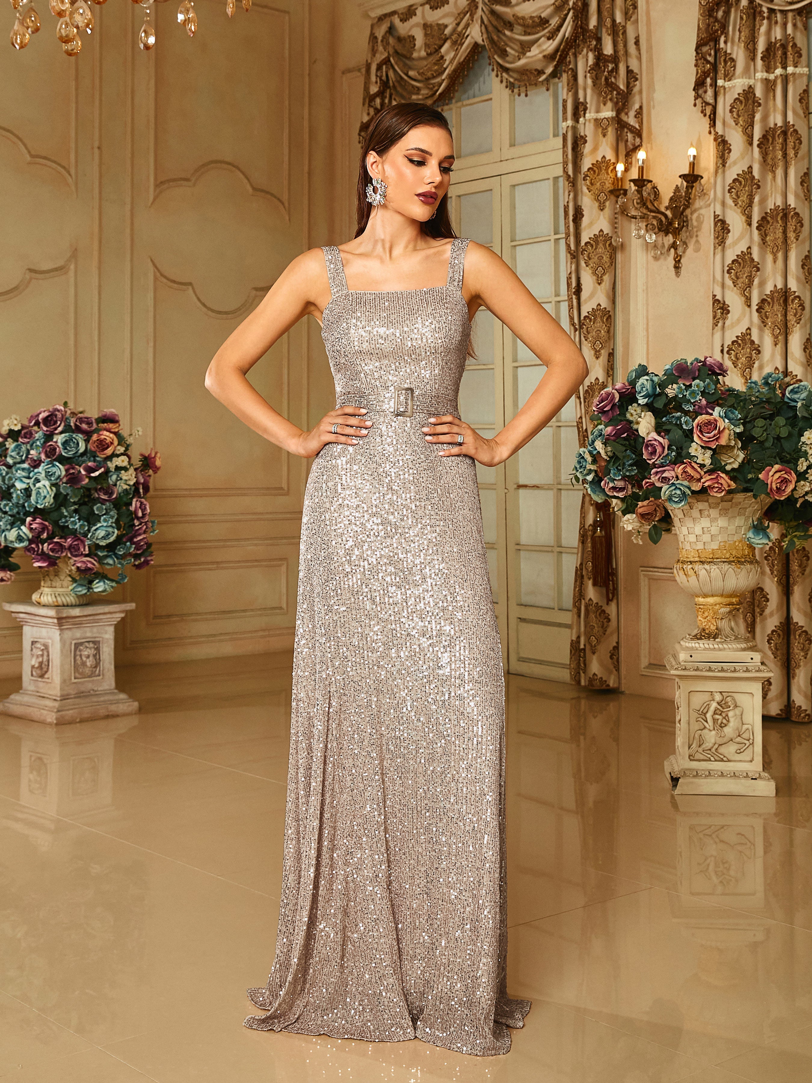 Cold Shoulder Belt A-line Sequin Apricot Prom Dress RM20669