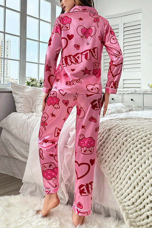 Eye Catching Printed Lapel Pocket Button Lounge Pant Suit