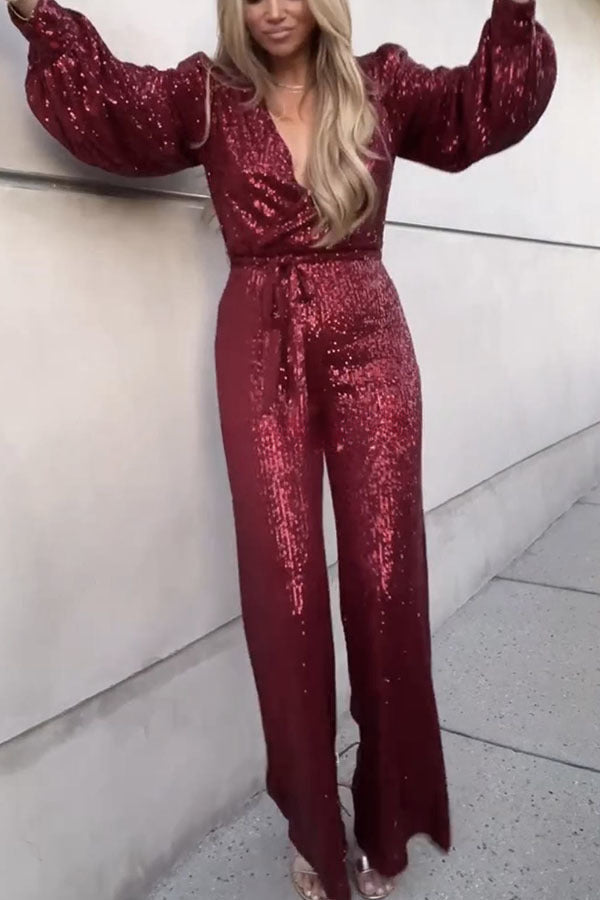 Whole New World Sequin Front Tie Flare Jumpsuit